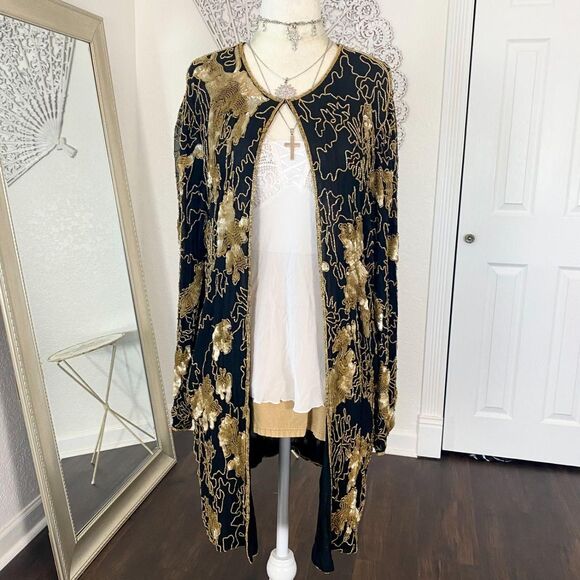 Sweaters - Vintage Ethereal Whimsygoth Black Gold Beaded Silk Open Front Duster Cardigan XL